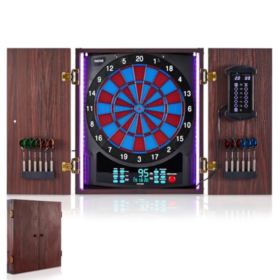 

Electronic dart board cabinet set for adults: ABS plastic, black with red light strips, large cricket display and 12-dart stora