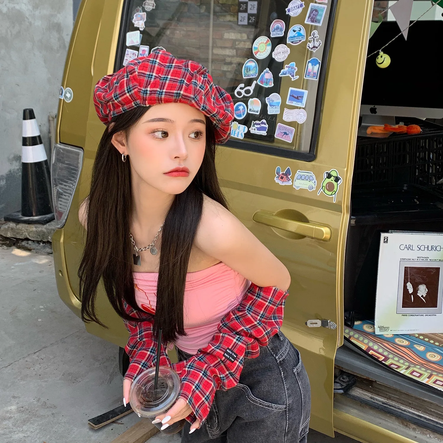 Korean New Style Red Plaid Beret Female Spring and Autumn Niche Cloud Hat Ins Jellyfish Hat Summer