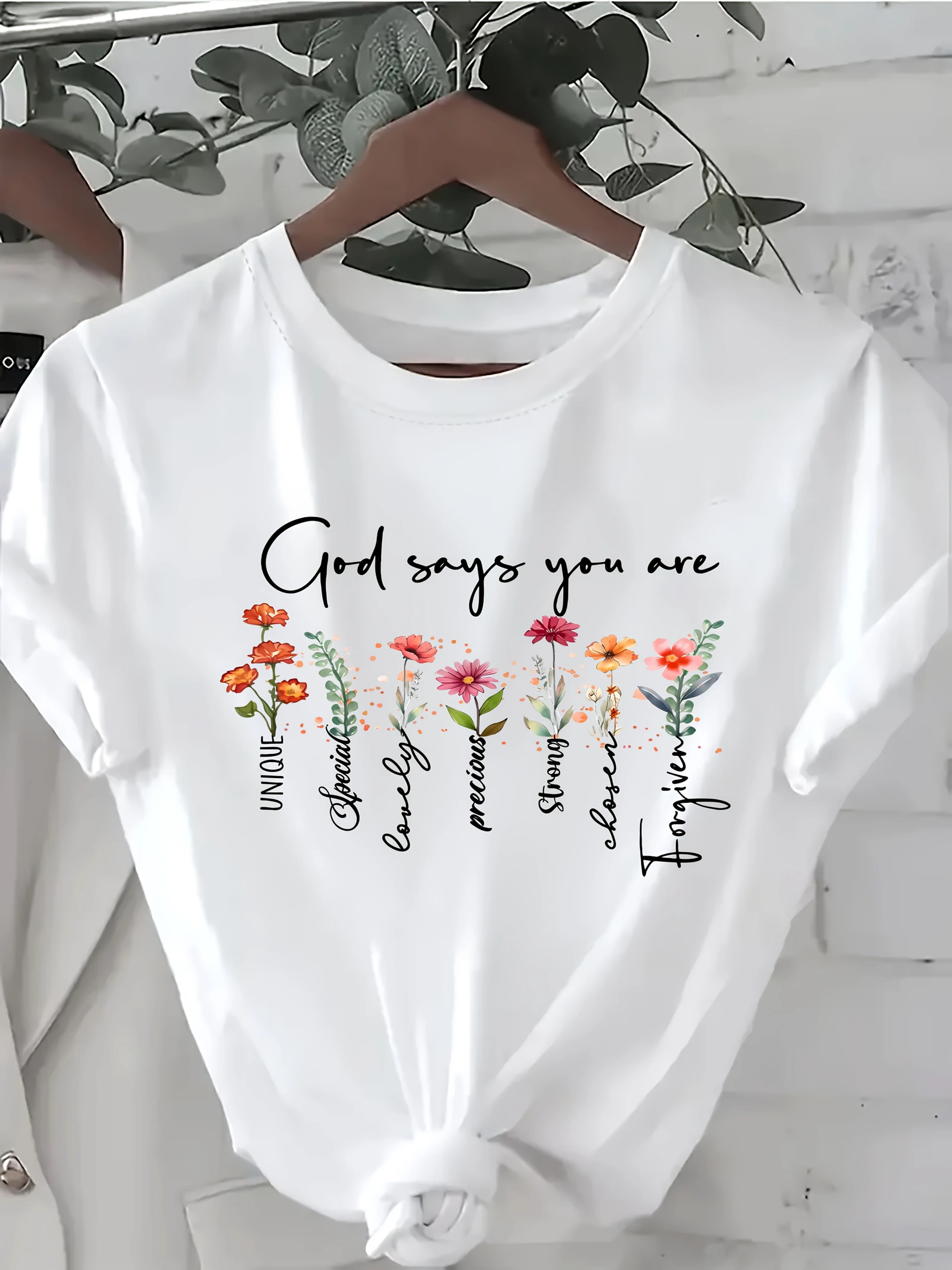 T-Shirt femme imprimé fleuri d'inspiration chrétienne Dieu vous dites fleurs vibrantes décontracté col rond manches vêtements de confort