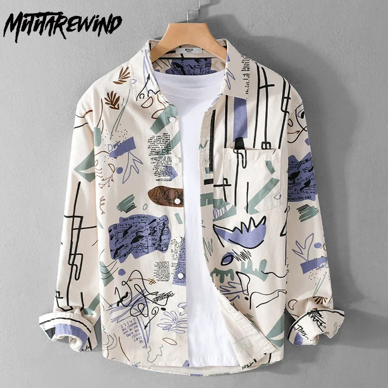 

Korean Fashion Mens Long Sleeve Printed Shirt Streetwear Funny Tops Lapel 100% Cotton New in Shirts Youth Personality Clothing