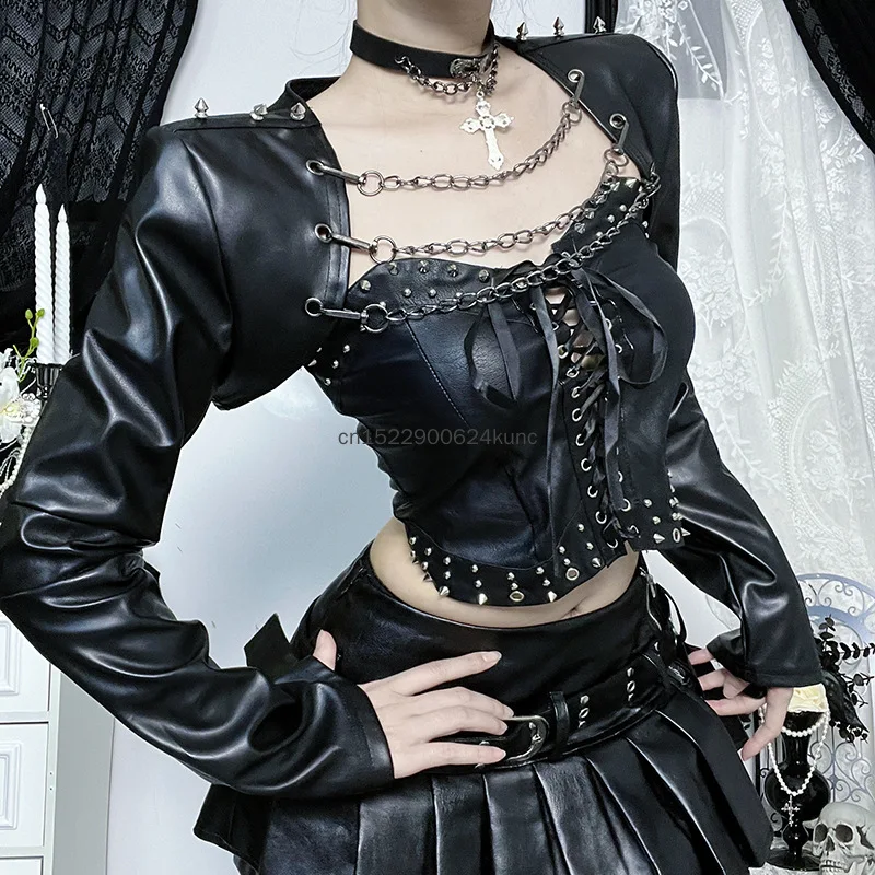 

New Women Punk PU Leather Crop Tops Fashion Y2K Gothic Slim Detachable Chain Rivet Coat Female Harajuku Shawl Jackets Streetwear
