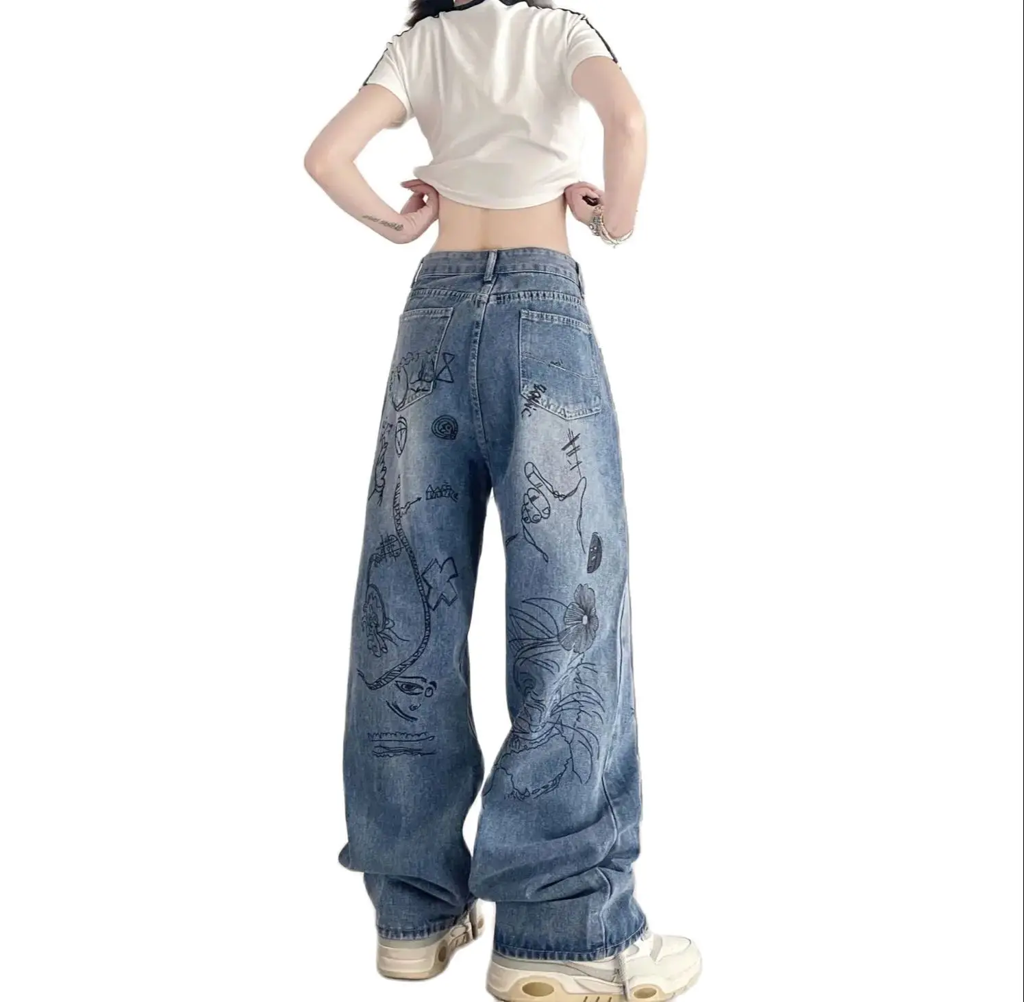 2024 New Retro Graffiti Woman Jeans Harajuku Y2k Streetwear High Waist Leg Pants Baggy Jeans Oversize Denim Trousers