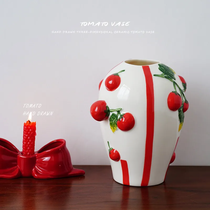 Nordic Relief Tomato Ceramic Vase Ornaments Living Room Entrance Dining Table Flower Arrangement Container Wedding Vases Decor