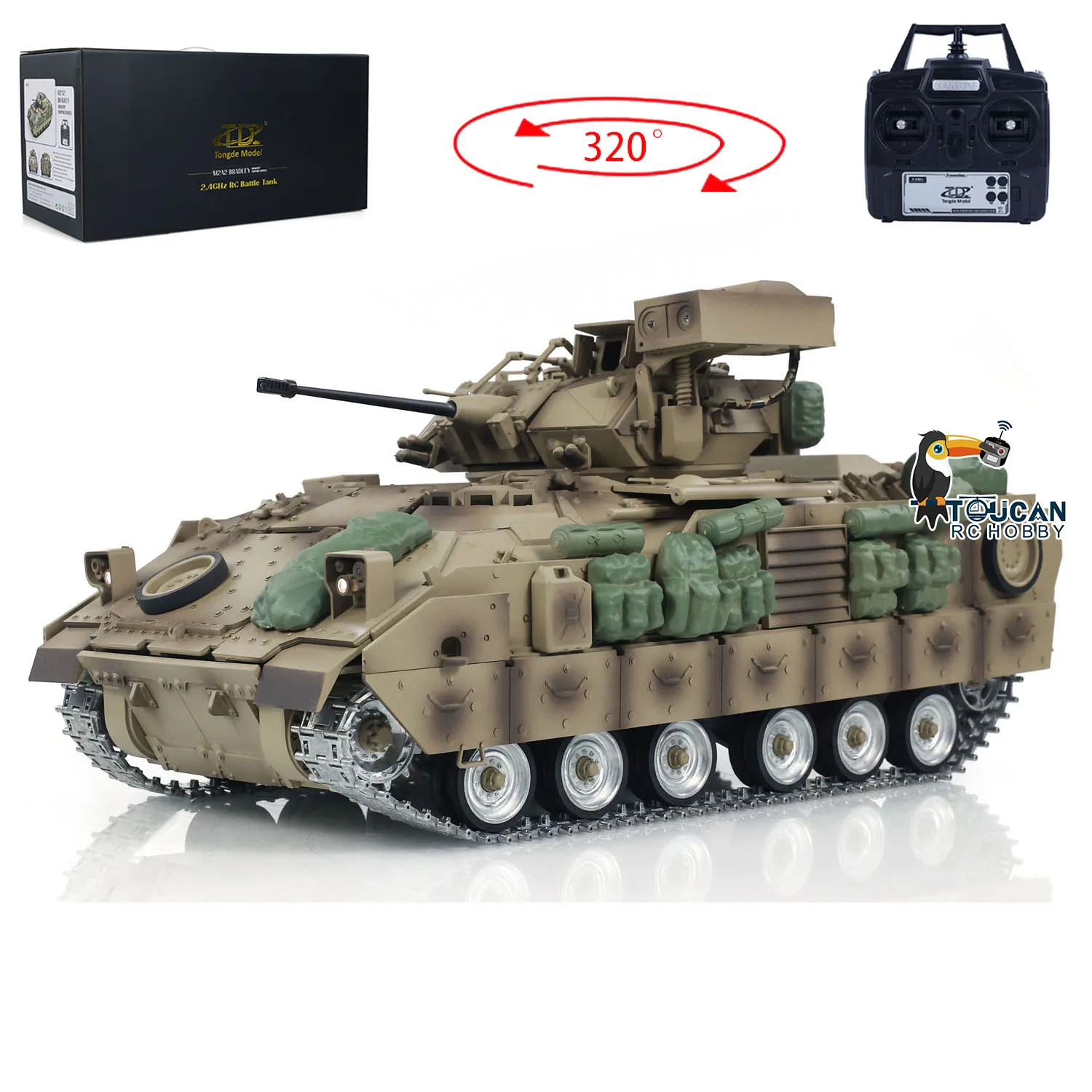 Td-rc-軍用戦車m2a2, 1/16,金属トラック,赤外線,砲身,反動,無線制御,rtr,戦闘車両,おもちゃ