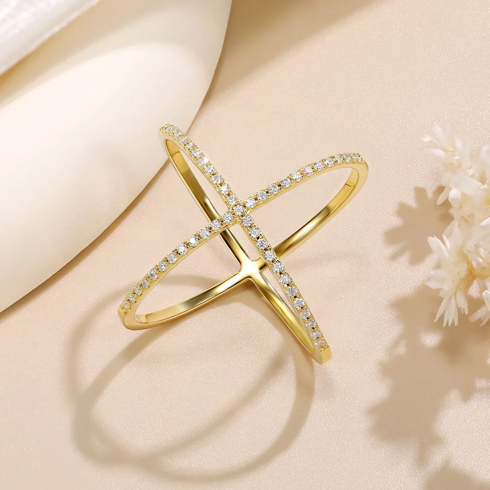 

LinkerLove Moissanite Cross Wedding Band 925 Sterling Silver for Women 18K Gold Plated Diamond Criss X Ring Party Trendy Jewelry