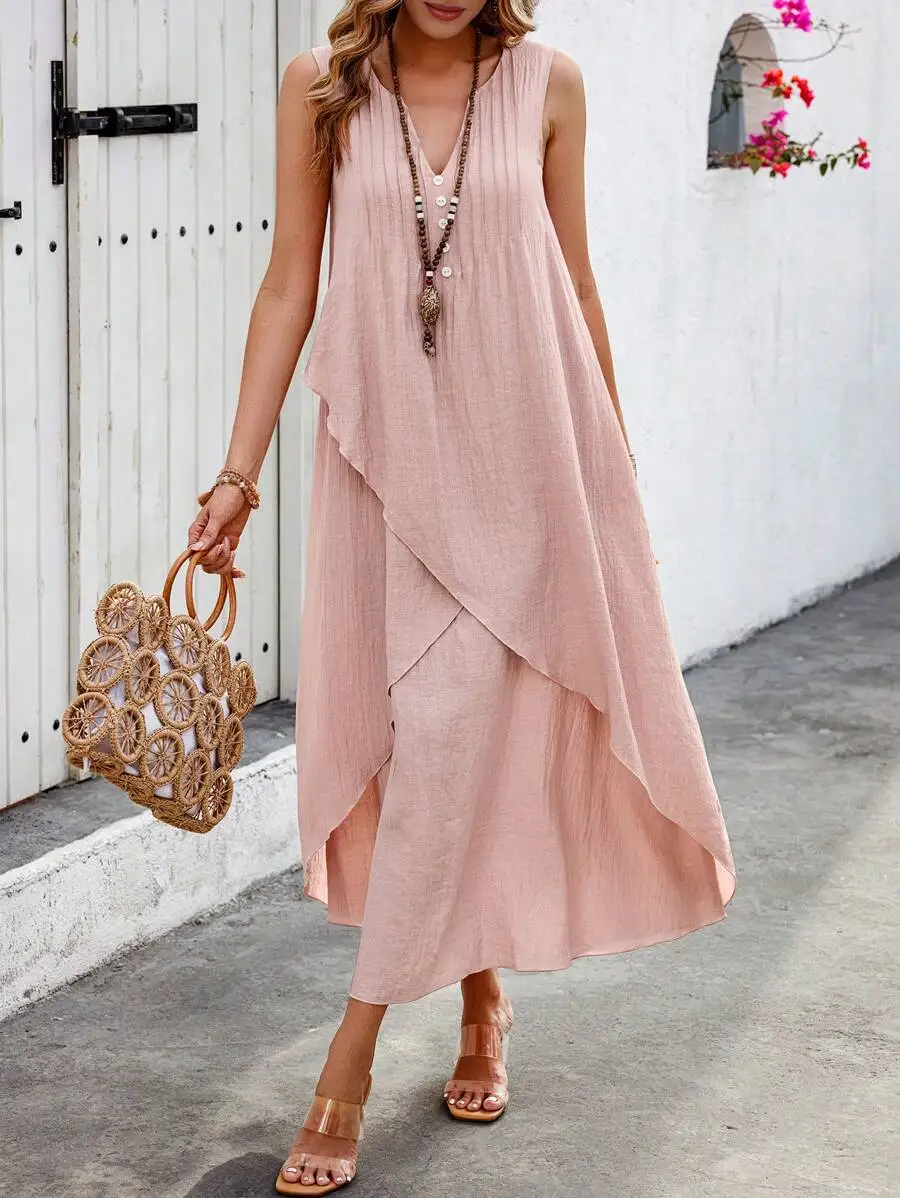 

Женское платье макси без рукавов с V-образным вырезом и асимметричным подолом, нежно-розового цвета