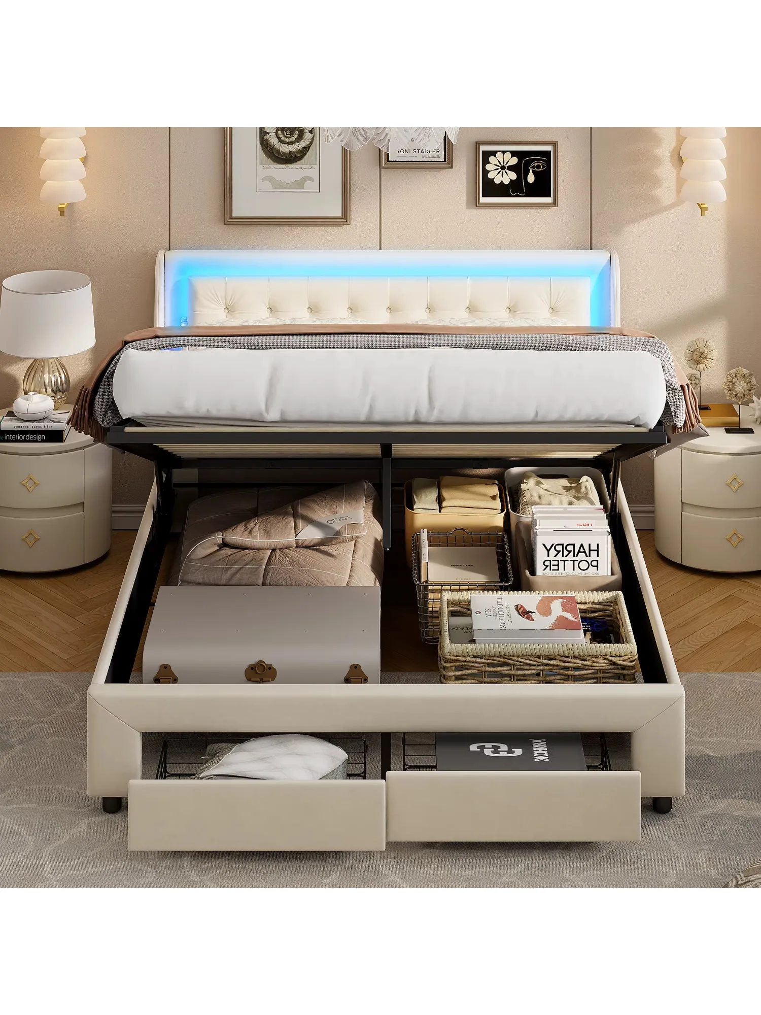 Fangange gestoffeerd bed 140x190cm tweepersoonsbed met LED en USB, hydraulisch opbergbed met lades, jeugdbed, fluweel - afbeelding 2