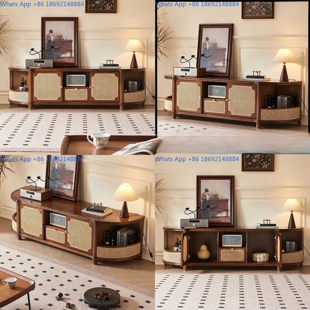

Wabi Sabi Style Rattan Woven Solid Wood TV Cabinet for Living Room Wall Storage Small Apartment Home Decor