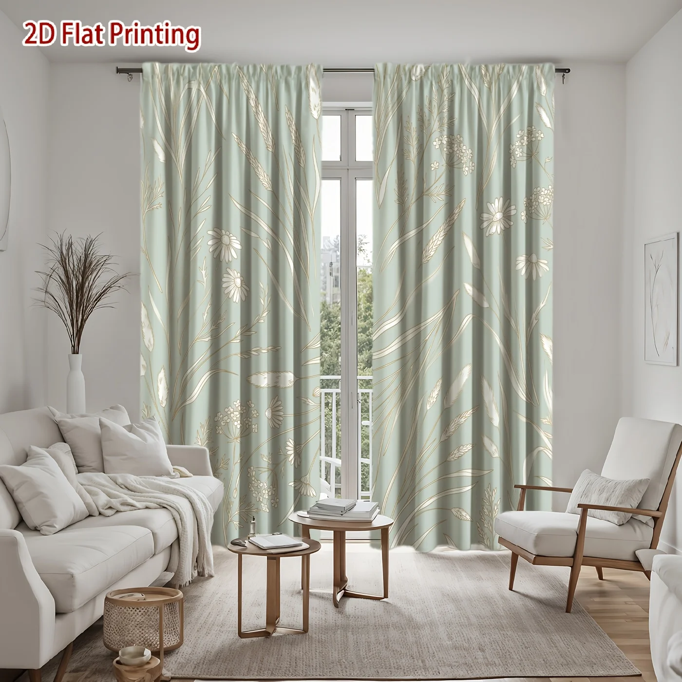 2PCS Digital Print Curtains, Green Gold Line Meadow, Elegant Modern
