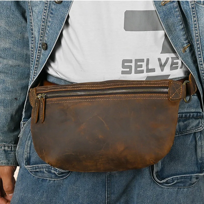 Men Genuine Leather Waist Bag Male Leather Chest Bags Vintage Fanny Packs Men's Crazy Horse Leather Sling Messenger Shoulder bag