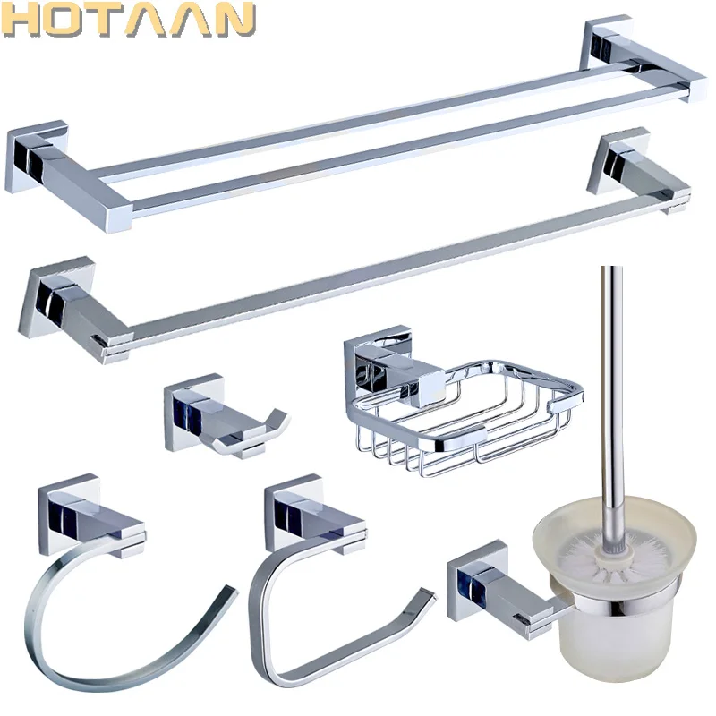 

Stainless Steel Bathroom Hardware Set Chrome Polished Toothbrush Holder Paper Holder Towel Bar Bathroom Accessories Square Shape