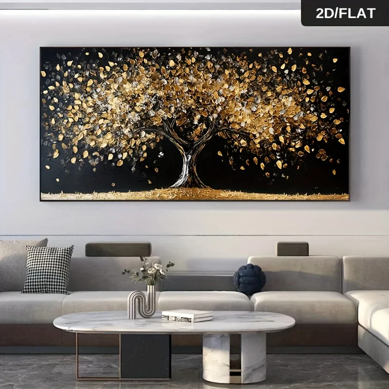 Frameless Modern Abstract Golden Tree of Life Canvas Wall Art Black Golden Luxury Painting for Living Room Large Home Decoration