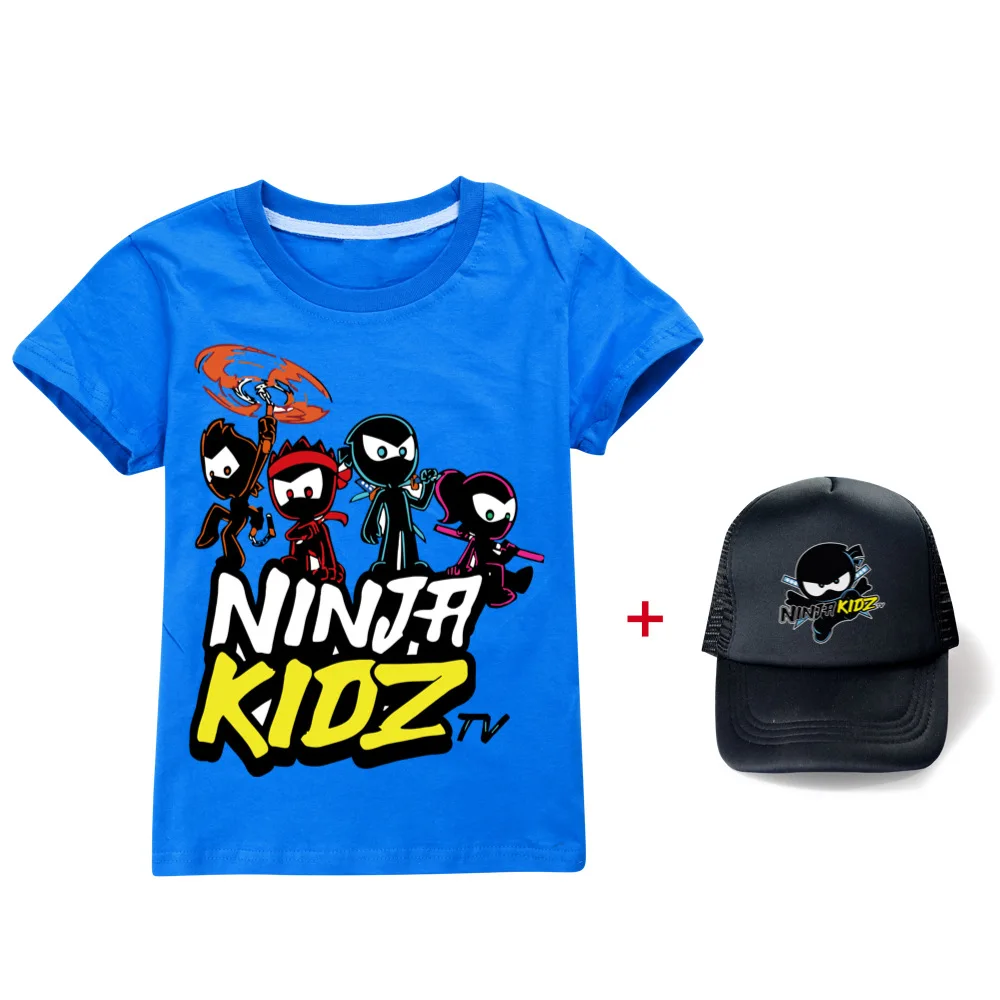 New Kids Summer Baby Boys Ninja Kidz Printing T-Shirt Cartoon Short-Sleeved Girls T-Shirt Children Casual Top+hat