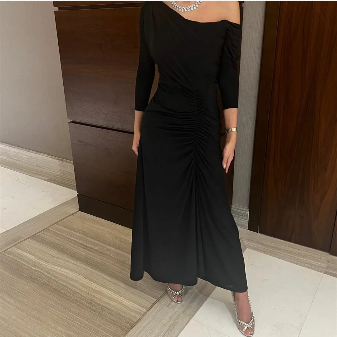 Vestidos de noite preto com pescoço curto feminino, comprimento do tornozelo, vestido de baile plissado, bainha, elegante