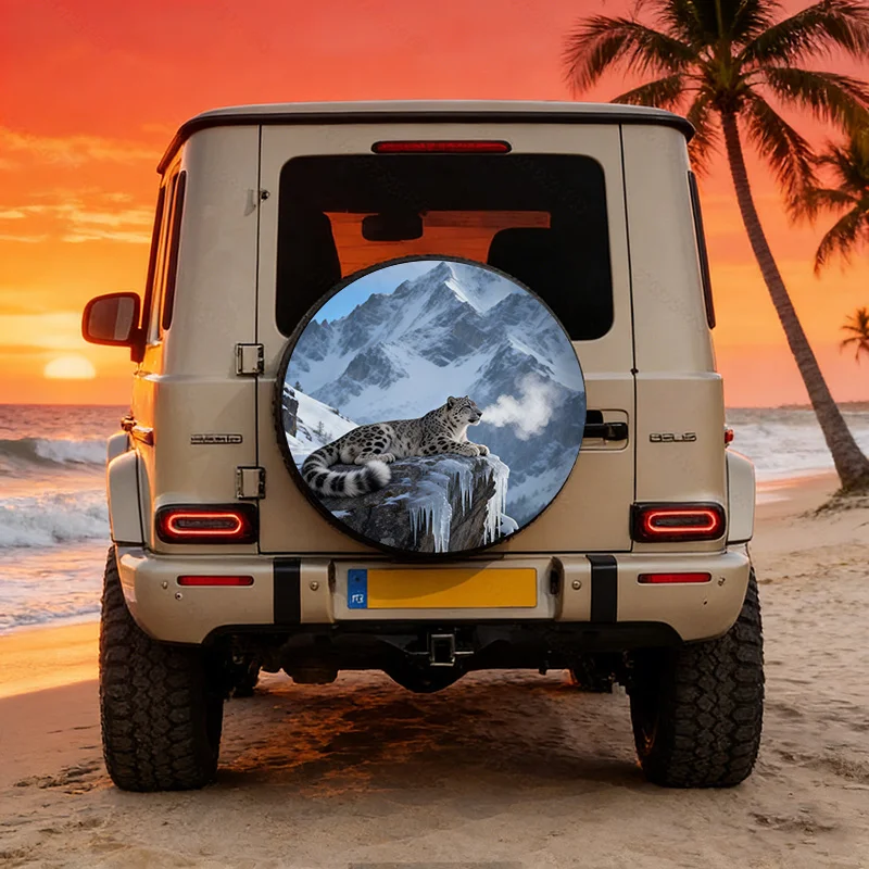 Snow Mountain Rock Leopard Pattern Polyester Fiber Spare Tire Cover, Suitable For Universal Suvs/Pickups/Sedans Spare Tire Prote