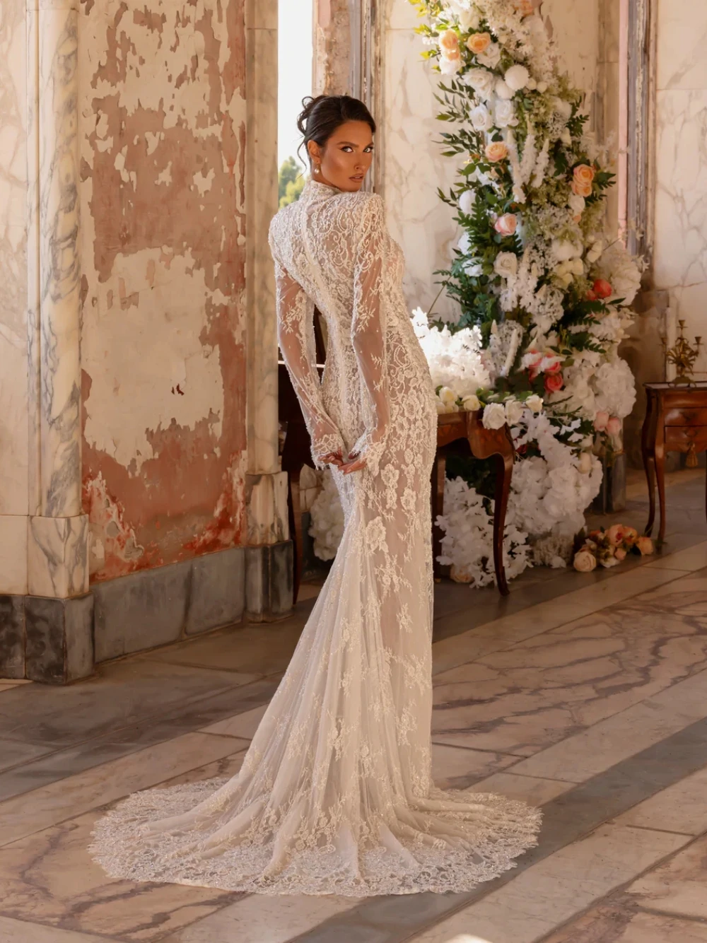 الوهم حورية البحر حالمة الدانتيل فستان الزفاف أزياء شير طويلة الأكمام عالية العنق حساسة بريق مخصص ثوب الزفاف