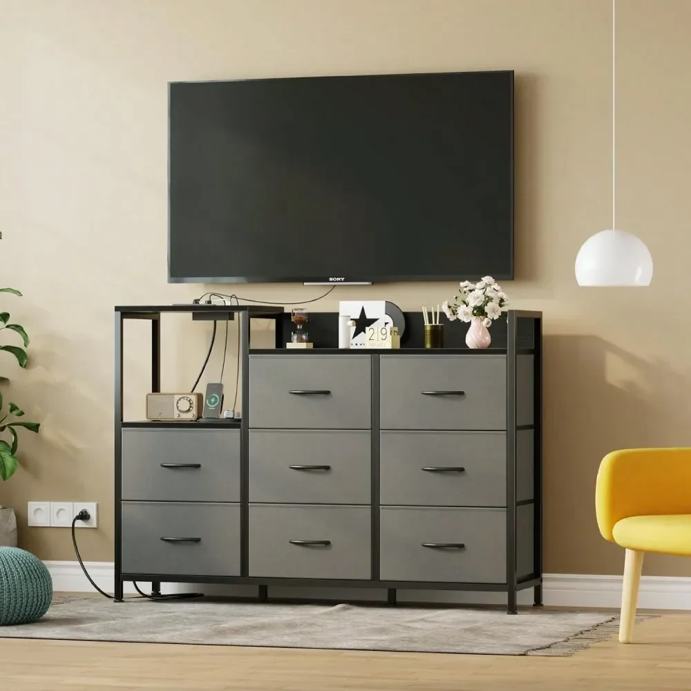 

Wooden Top TV Media Console Table With 8 Fabric Drawers And 1 Shelves, TV Stand For To 45 Inch TV, Entertainment Center With