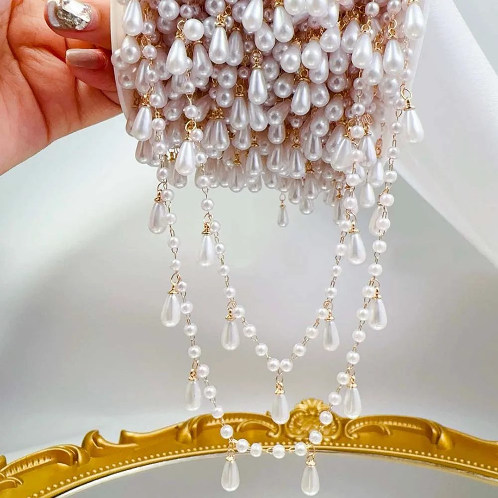 0.5M 1M Imitation Pearl Waterdrop Pendent Beaded Chain Plastic Beads Copper Chains for DIY Necklace Clothing Jewelry Making
