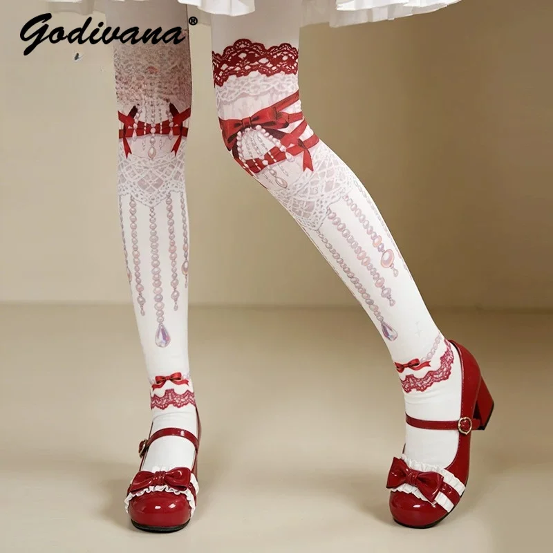 Sweetheart Ribbon Lolita Printing Velvet Pantyhose 120d Cute Girl Women's Cotton Stockings Cos Long Socks