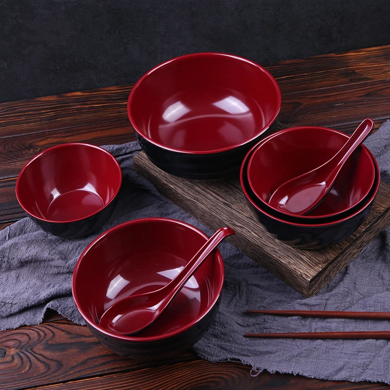 Black-Red Melamine Ramen Bowl Imitation Porcelain Fruit Salad Fast Food Tableware Frosted Noodles Rice Bowls Kitchen Accessories