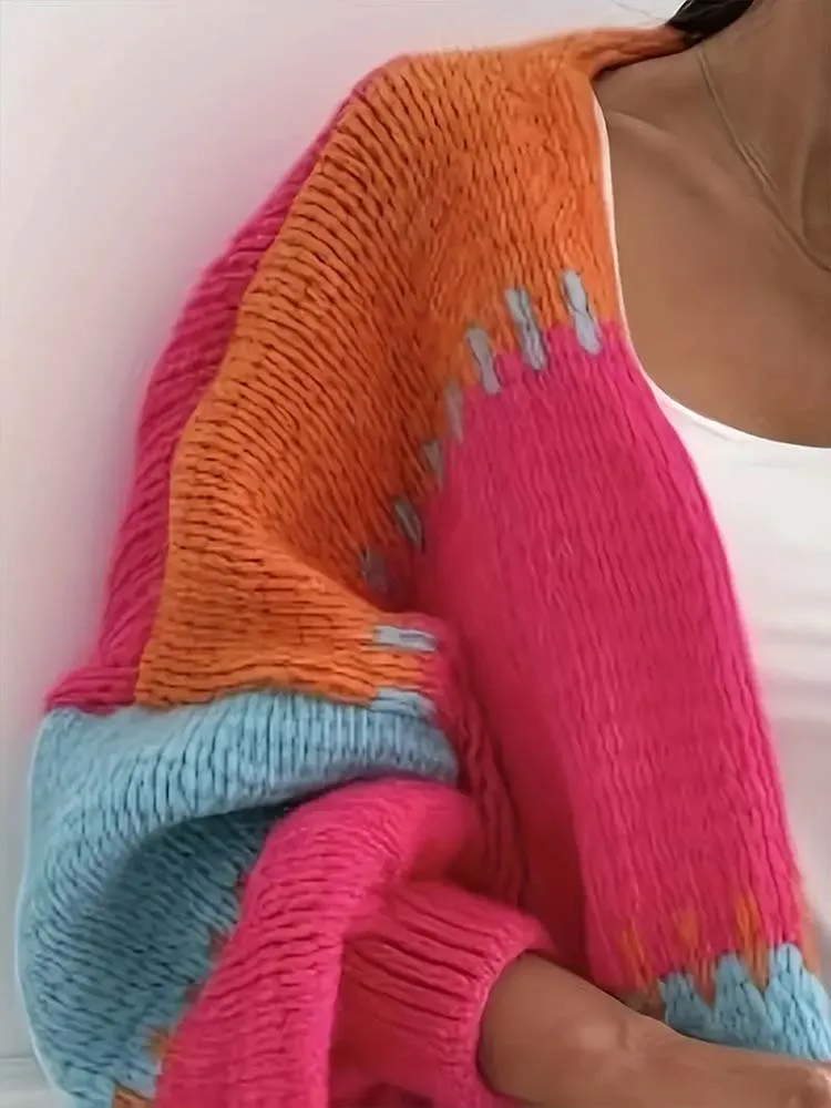 

Fashion High Street Color Blocked Sweater Autumn Winter Thick Warm Knitted Cardigan Women Casual V-neck Lantern Sleeve Sweater