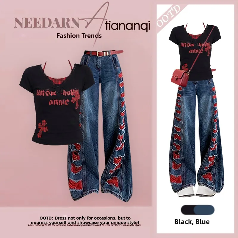 

Summer 2026 Women's Fashionable Versatile Denim Two-Piece Set Slim Fit Shoulder Length Top And Jeans Short Sleeve Casual Outfit