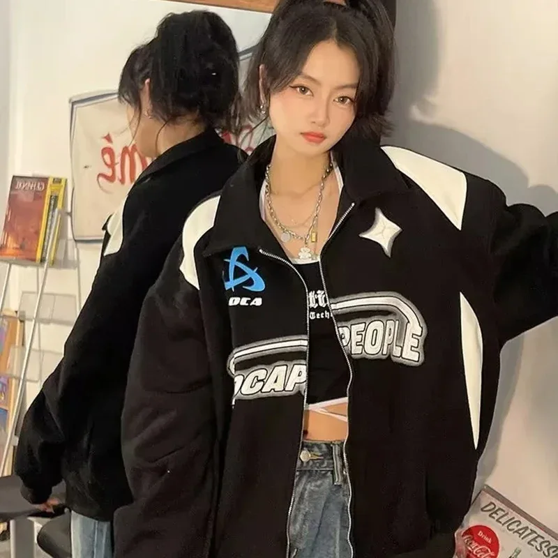 

2024 New Vintage Oversized Women Sweatshirts Grunge Y2k Korean Streetwear Black White Zip Up Hoodies Female Hip Hop Fashion Tops