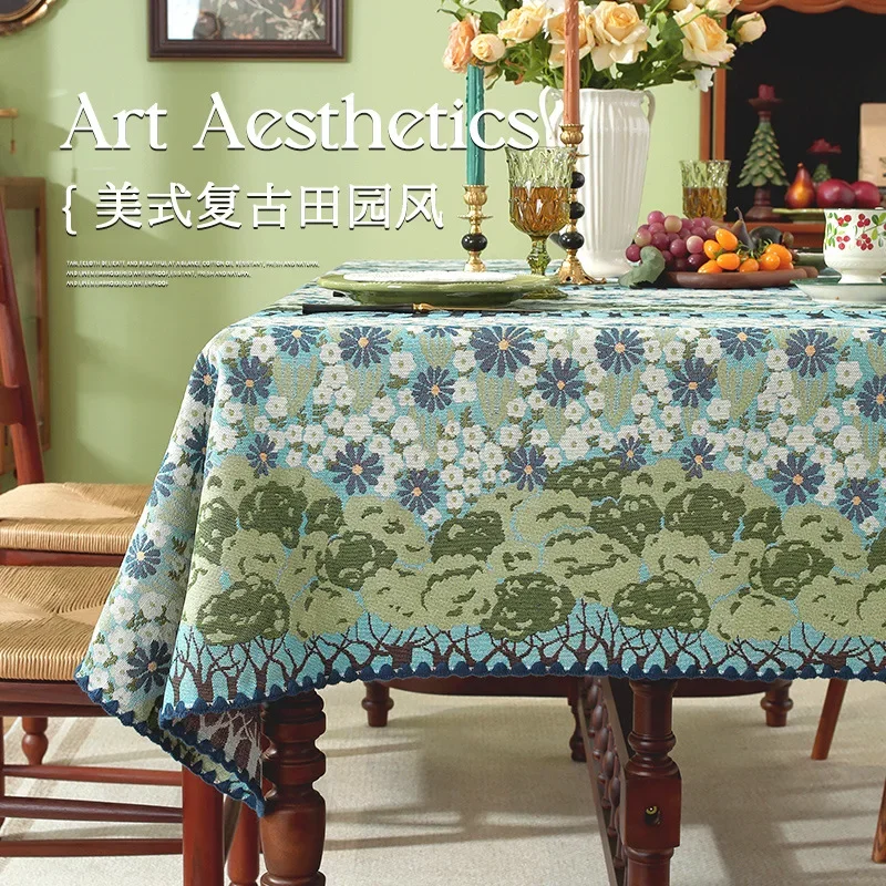Retro Pastoral Style Dining Table Cloth Dustproof Rectangular Six People Table Cloth Flower Pattern Scalloped Edge Tablecloth