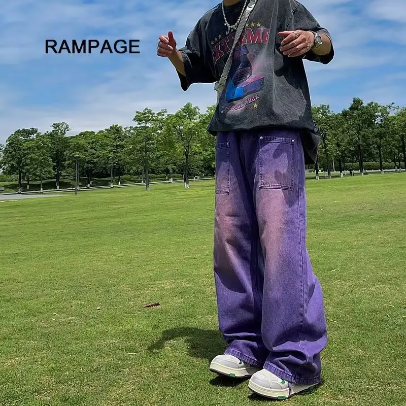 

High-street purple straight-leg jeans unisex streetwear hip-hop retro loose wide-leg floor-length pants trend
