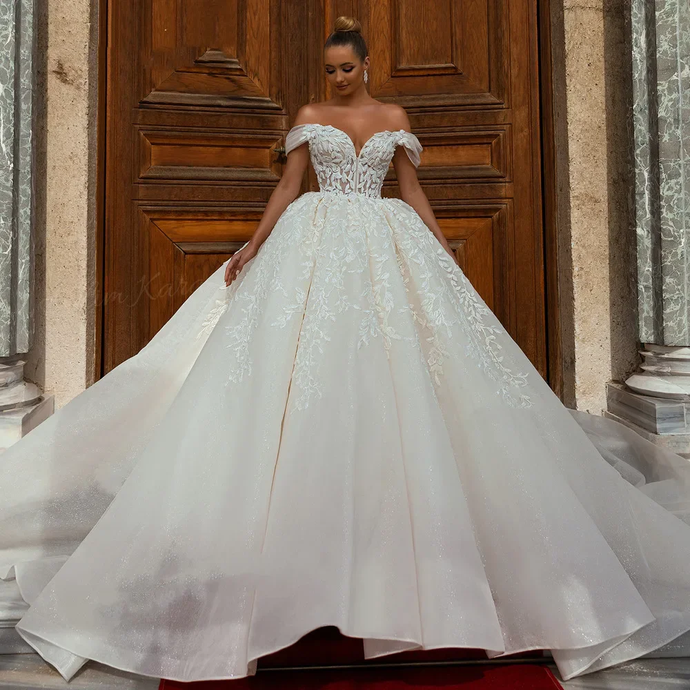 Vestidos De Novia brillantes con hombros descubiertos para mujer, elegantes vestidos De Novia De corte, vestidos De Novia De princesa De talla grande personalizados, 2024