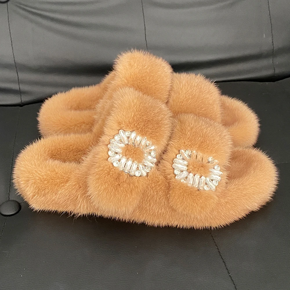 Mink Fur Slippers Elegant Winter Warm Soft Plush Shoes for Woman Indoor Outdoor Fluffy House Shoes Ladies Sandals 2026 Brand New