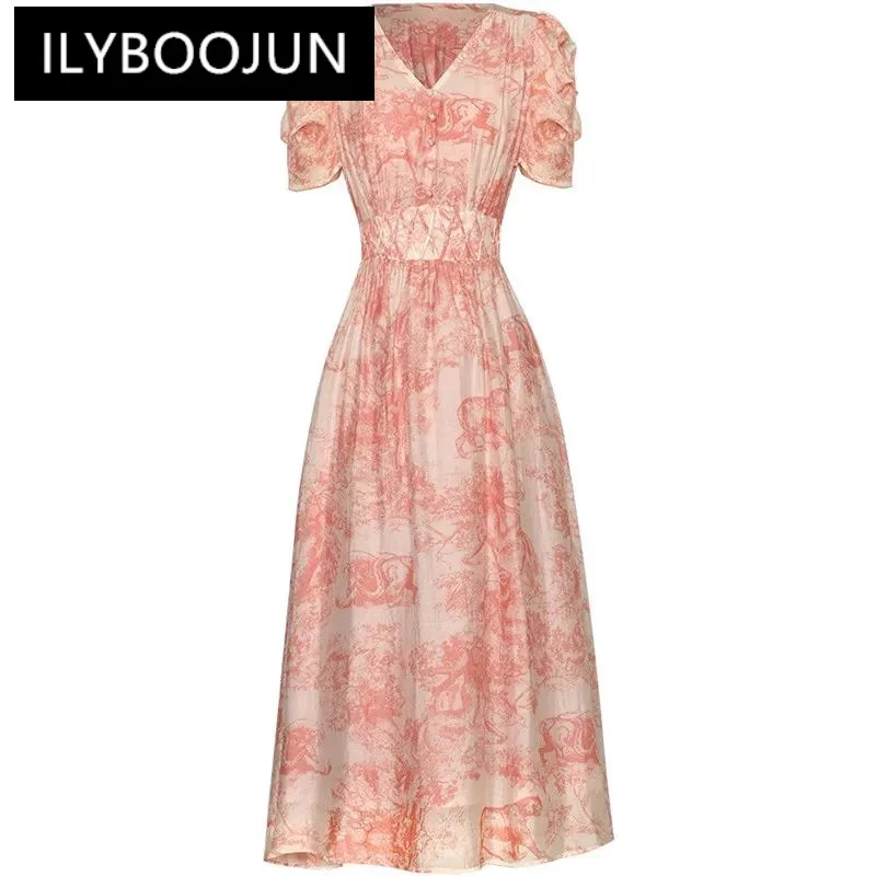 

ILYBOOJUN Spring Summer Women's Dress V-Neck Beading Puff Sleeve High Waiste Lace-UP Print Bohemian Vacation Dresses