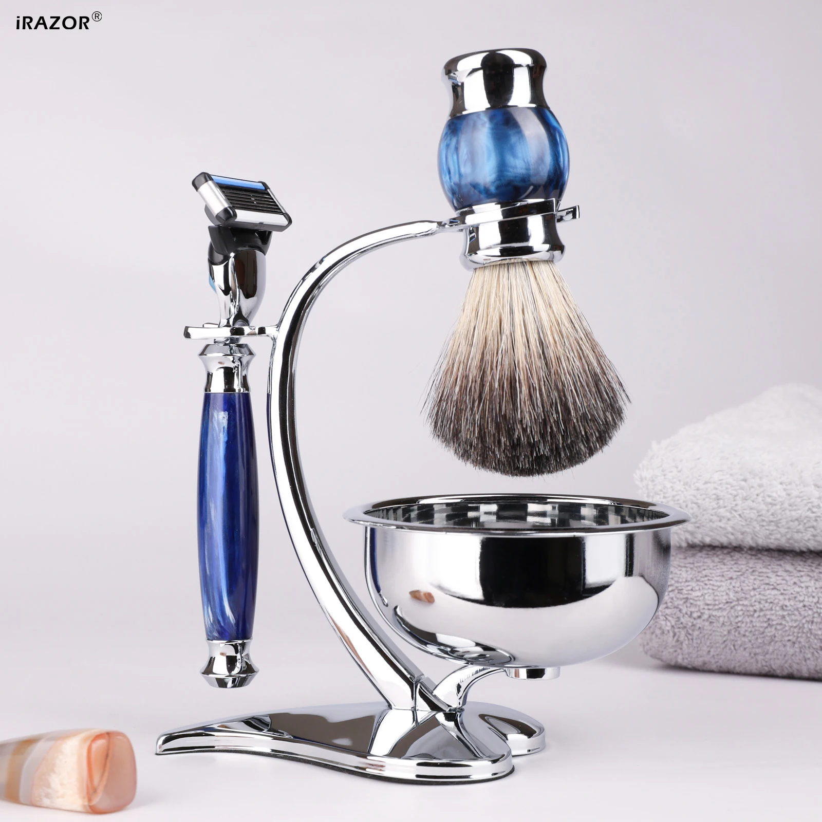 iRAZOR Wet Shaving Set Blue 5-Layer Fusion 5 Razor Natural Hair Brush Heart Love Shape Soap Bowl Stand Grooming Tools for Men