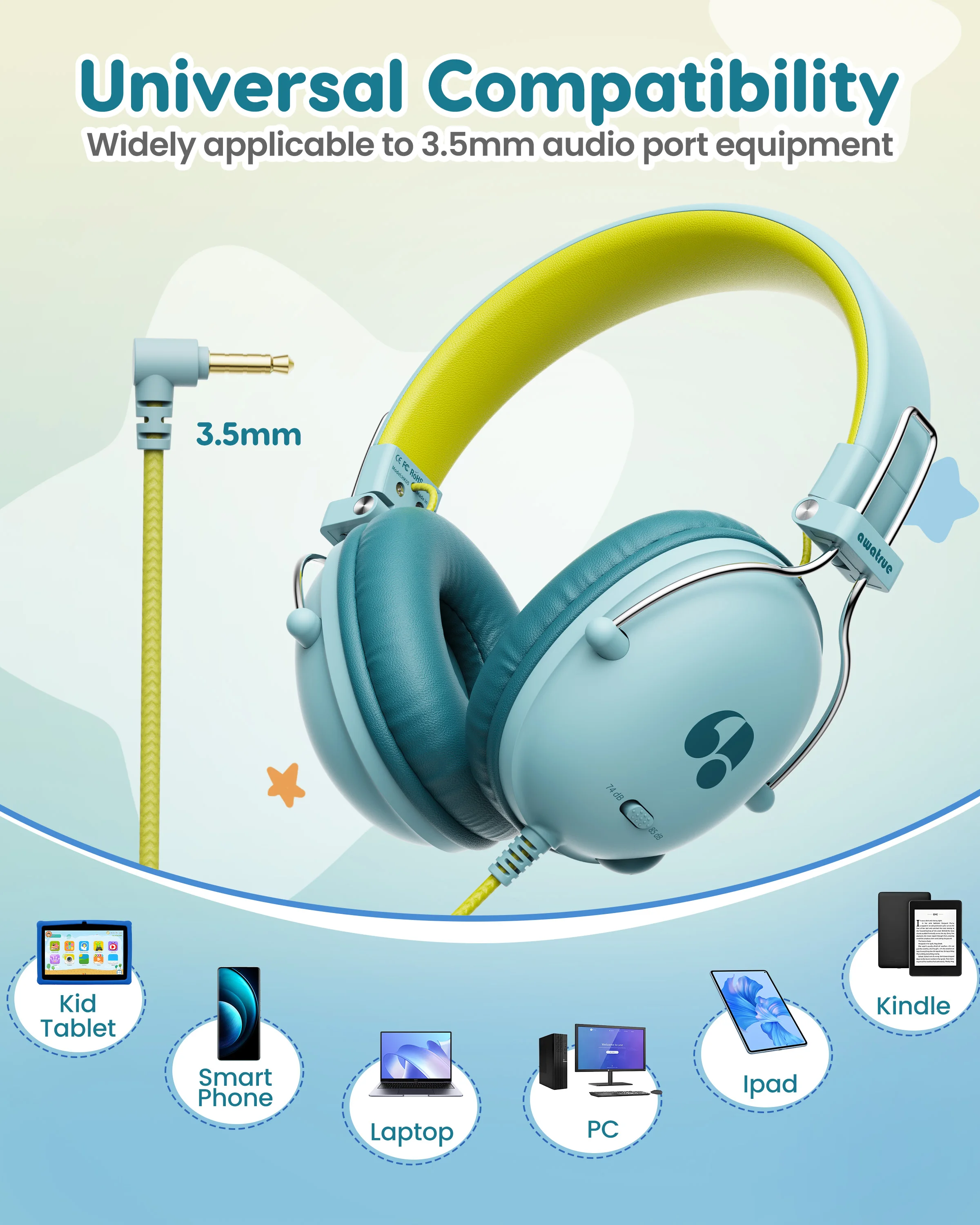 AWATRUE Kids Headphones for School Safe Volume Limit Stereo Sound Wired on-Ear Headset for Kids Boys Girls Gifts 3.5mm Jack HK05