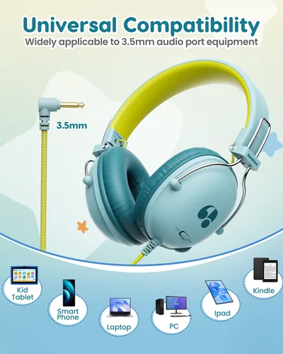 Imagen 2 del producto AWATRUE-auriculares para niños, cascos intrauditivos con cable y sonido estéreo con límite de volumen seguro para la escuela, regalos para niños y niñas, conector de 3,5mm HK05