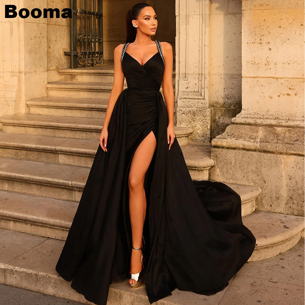 

Booma Black Sexy Mermaid Evening Dress V Neck Sleeveless Women's Celebrate Party Gowns Leg Slit Backless Formal Dress with Train