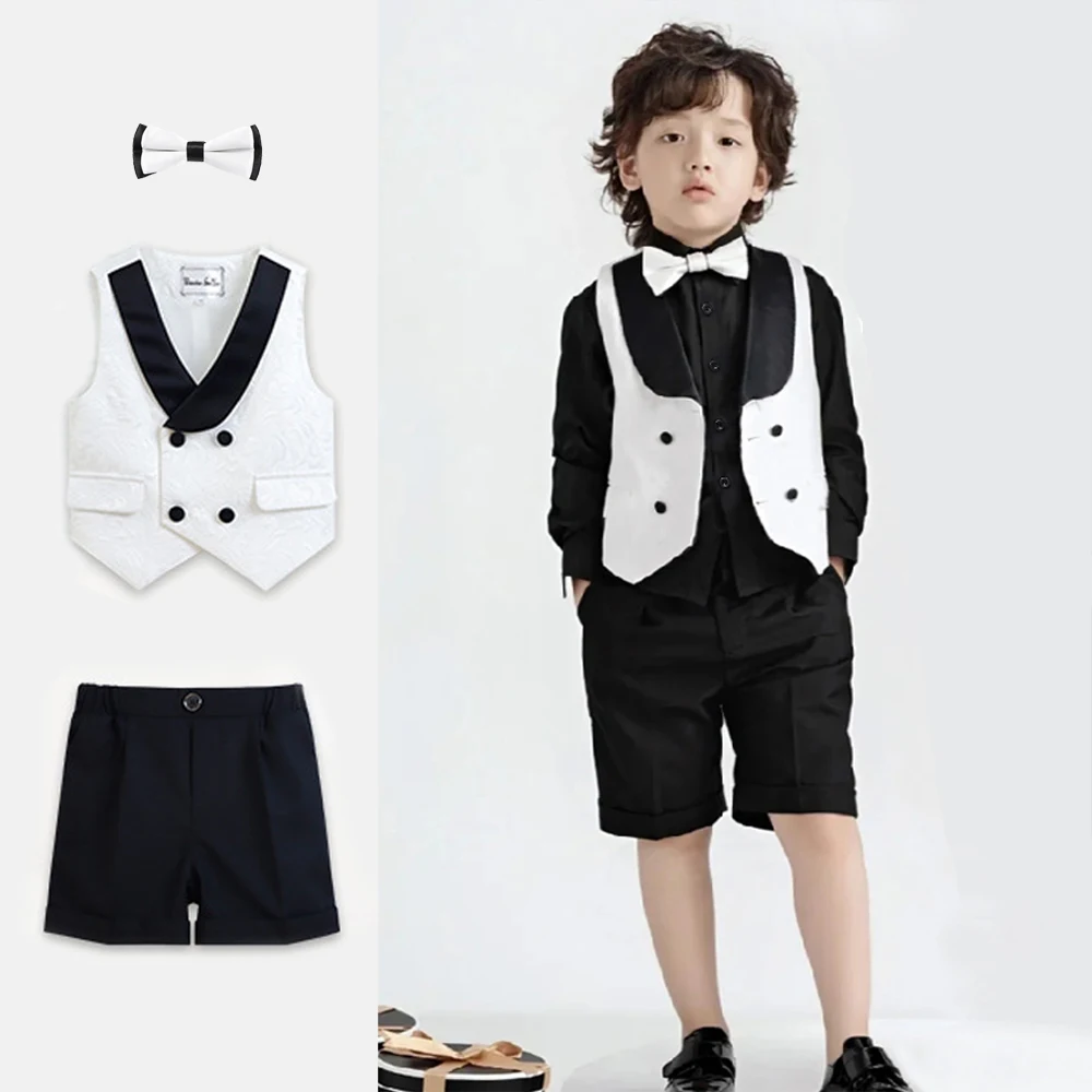 Boys Vest Dress Suit Black White Wedding Birthday Party Performance Photography Costume Kids Waistcoat Shorts Bowtie Outfit