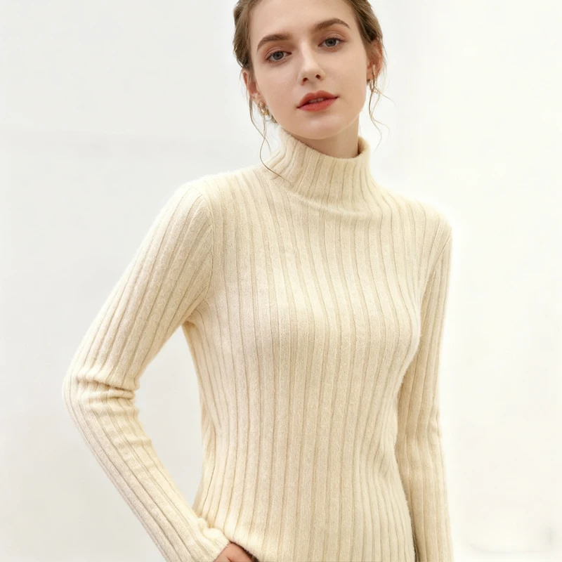

Зимний женский свитер с длинным рукавом и воротником-стойкой, осенний теплый мягкий трикотаж, повседневный облегающий пуловер в рубчик, простой однотонный свитер 15