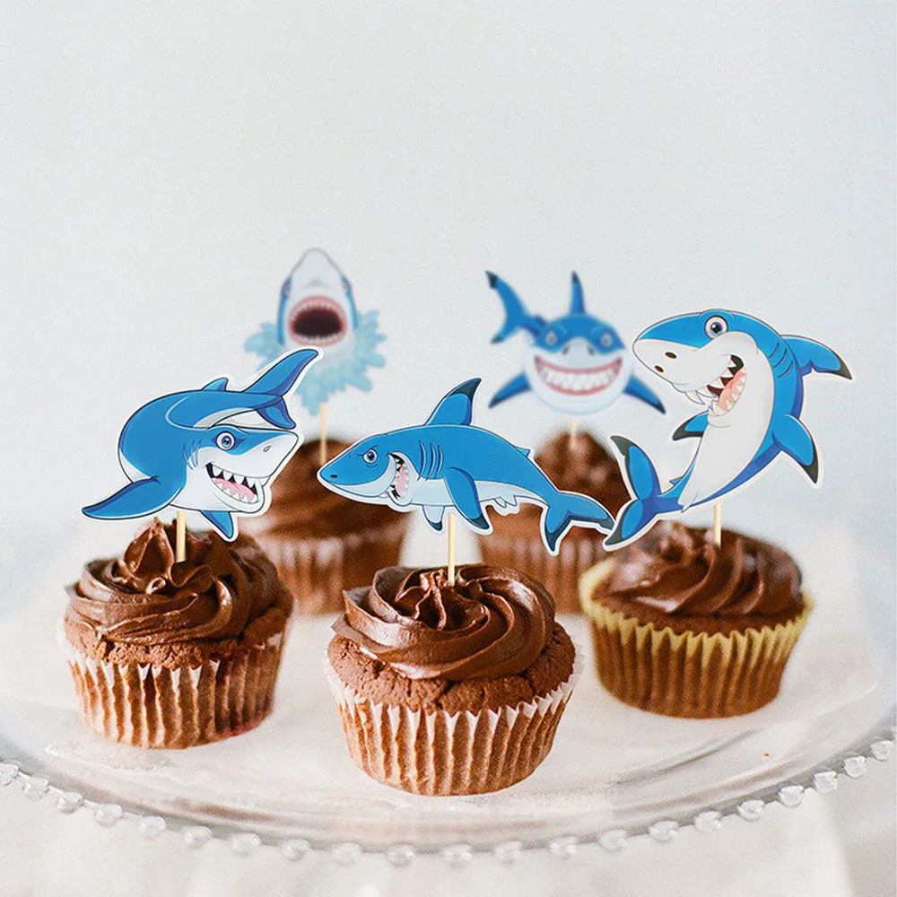 10pcs Cartoon Shark Cupcake Toppers Under The Sea Shark Baby shower Cake Decor Ocean One 1st Happy Birthday Party Decor Kids Boy