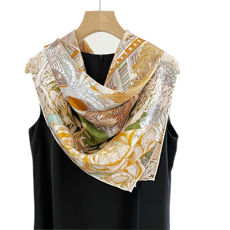 110cm*110cm Hand Rolled Edge Large Square Scarves Shawls French Garden Castle Print 100% Mulberry Silk Scarf For Ladies Headband