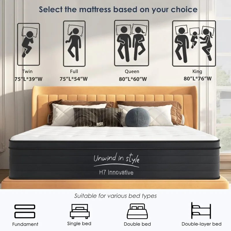 Matelas hybride avec mousse à mémoire de forme, matelas Queen, lit à ressort à poche individuelle, matelas optimiste moyen, 12 po