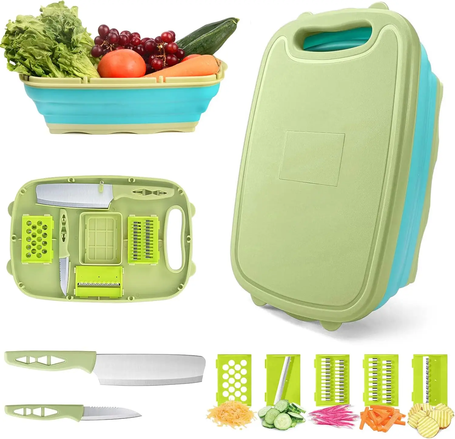 Camping Cutting Board, Collapsible Chopping Board with Colander, 9-In-1 Multi Chopping Board Kitchen Vegetable Washing Basket