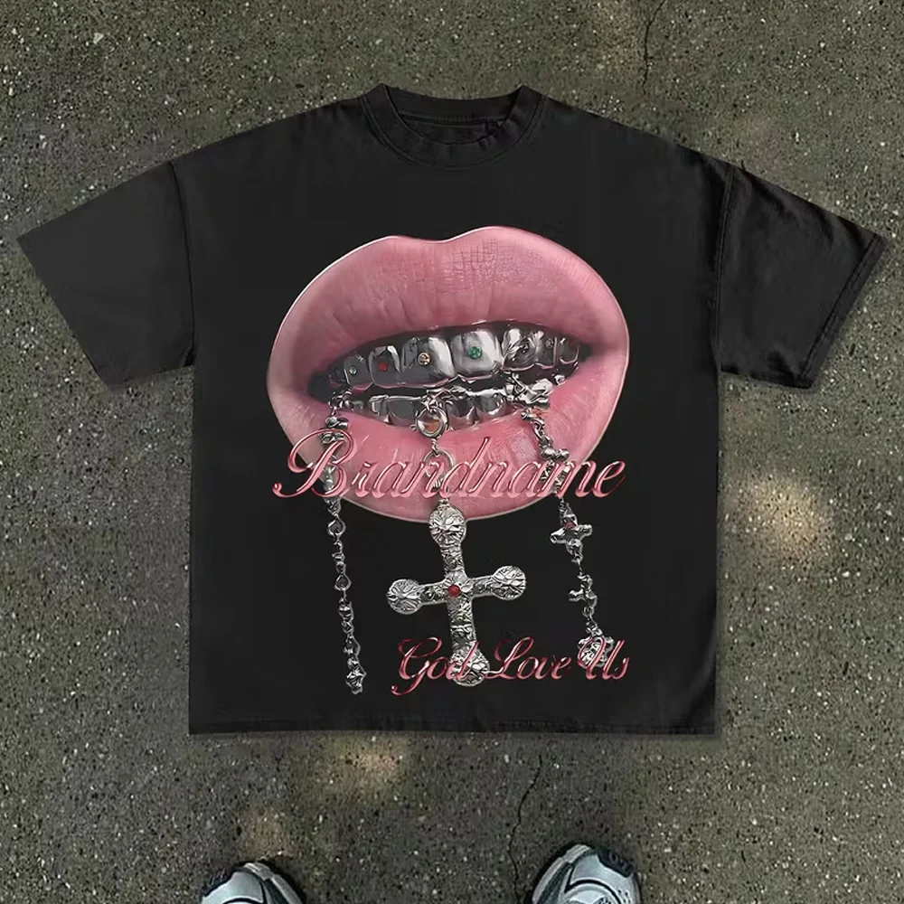 Mouth-and-cross Diamond-encrusted Teeth Graphic Print T-shirt Unisex Short-sleeved Retro Street Y2K Casual Fashion Tops Clothing