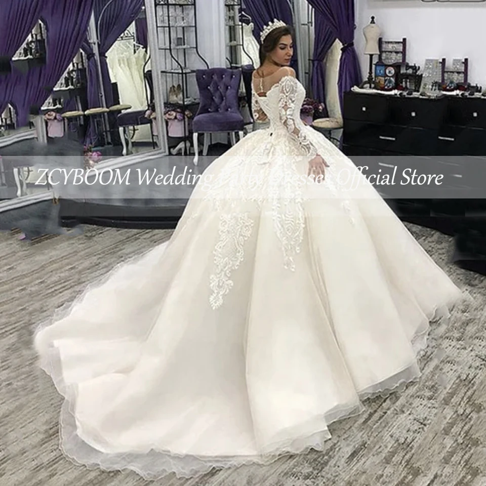 Vestido de novia blanco elegante con cuello redondo y Apliques de encaje de manga larga, vestido de baile hasta el suelo, cola de barrido, vestido de novia con cordones