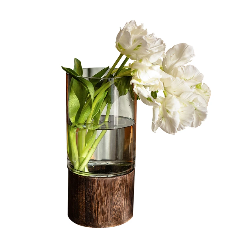 Luxury Glass Vase with Wooden Bracket High-grade Living Room Creative Transparent Flower Vessel Home Decoration Accessories Hot