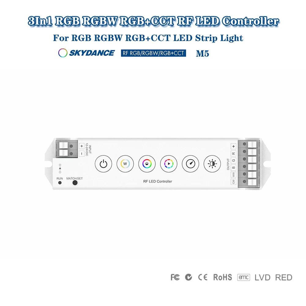 

Skydance M5 DC12-24V 6 Button+2.4GHzRF 5CH 3A Constant Voltage PWM LED Dimmer Switch Controller For RGB RGBW RGB+CCT LED Strip