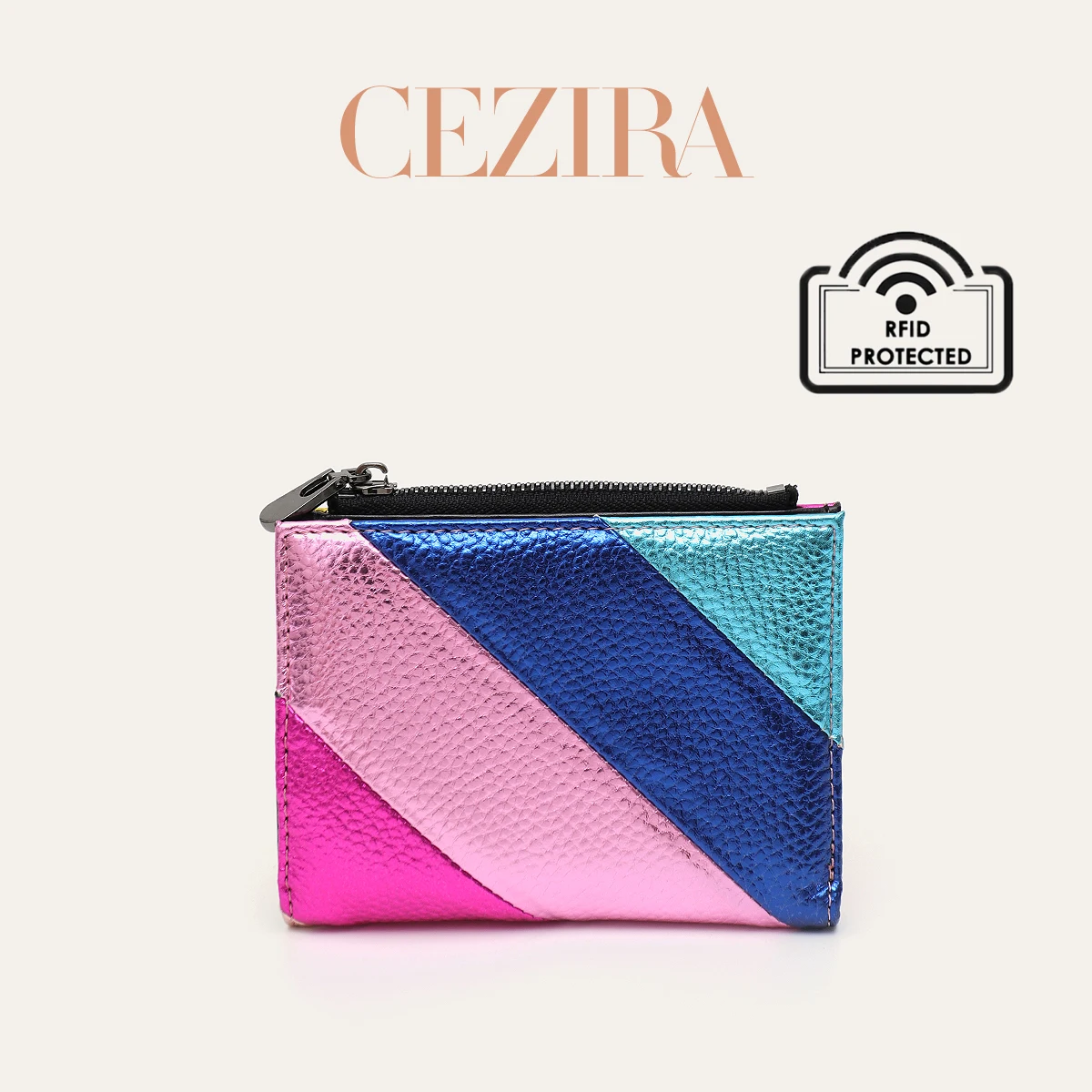 Damen-Geldbörse, modisch, bunte Streifen, Patchwork, metallisches PU-Leder, Bifold, kleine Kartenhalter, Münzgeldbörse, kurze Geldtasche