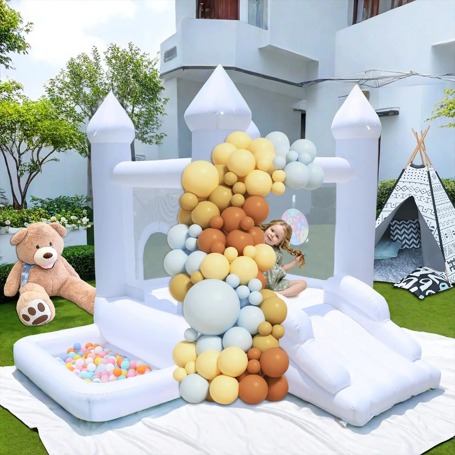 White Bounce House Kids Bounce House,Family Backyard Bouncy Castle with Blower,Suitable for Yard,Parties, Children's Gifts