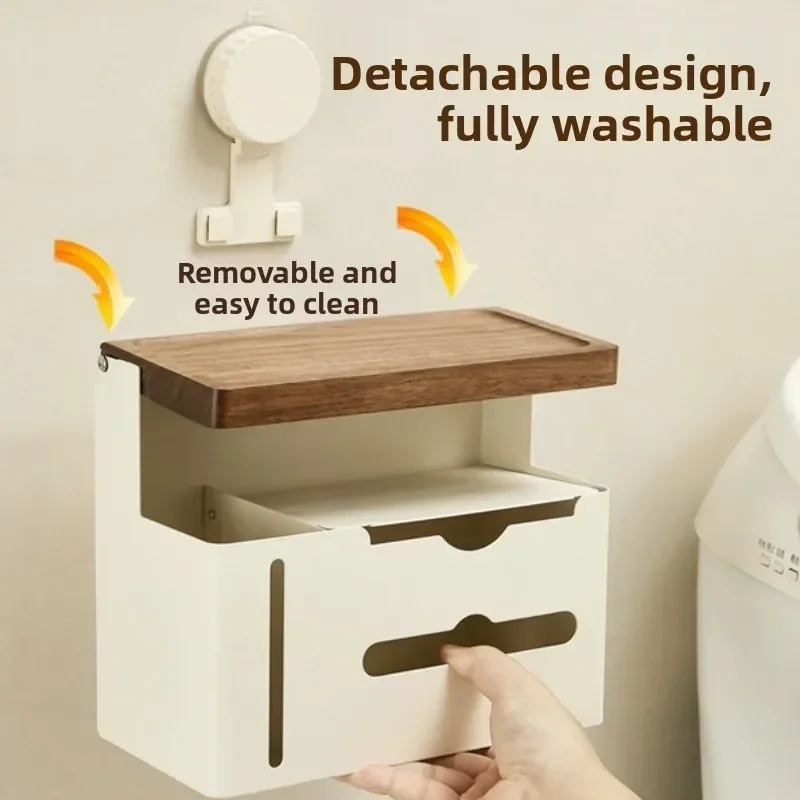 yesSuction Cup Walnut black Tissue Box Wall-Mounted Toilet Paper Holder No-Drill Bathroom Roll Storage Rack