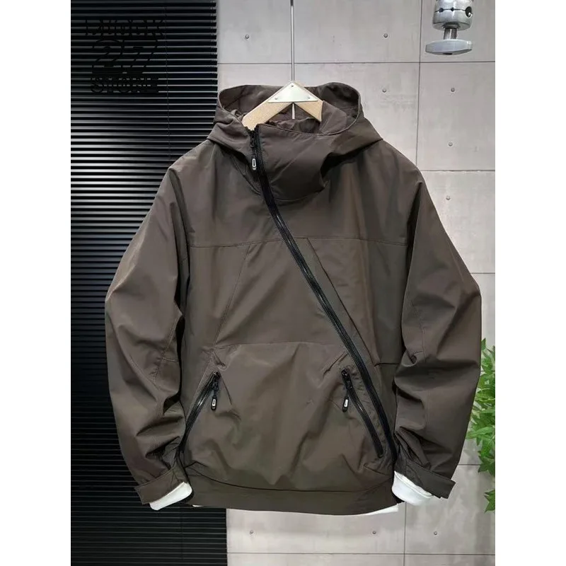 

Mens Jacket Harajuku Trendy Workwear Diagonal Zipper Hooded Outdoor Windbreaker Coat Autumn Winter Loose Fit Casual Fashion New